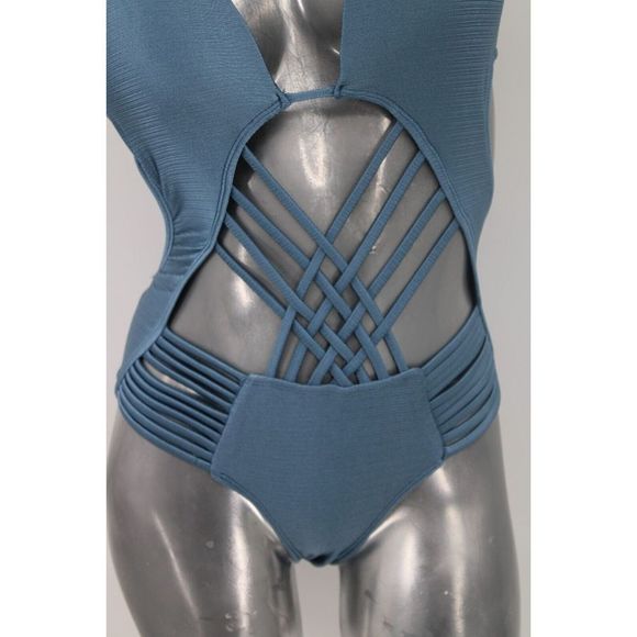 HEAT SHINY BLUE ONE PIECE M STRAPPY SWIMSUIT WOMENS OPEN BACK - Picture 3 of 11